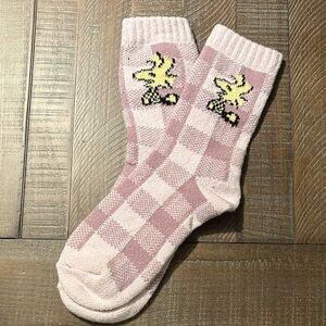 Lavender Checkered Socks with Woodstock Peanuts Design